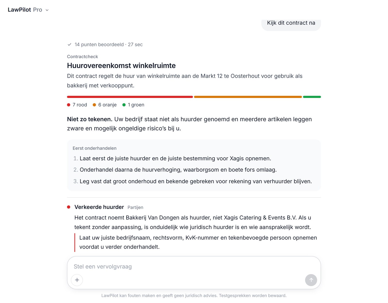 LawPilot beoordeelt een huurcontract met rood, oranje en groen per artikel