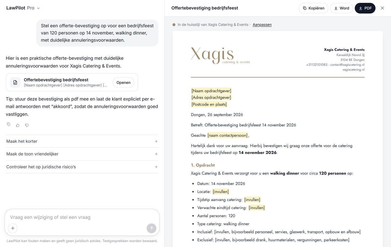 LawPilot schrijft een offertebevestiging in de huisstijl van Xagis Catering