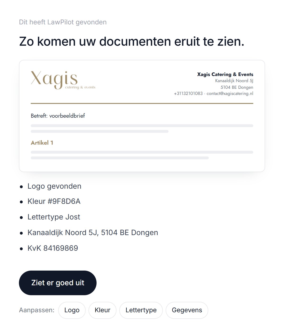 LawPilot vond het logo, de kleur en het lettertype van Xagis Catering en toont een voorbeeldbrief